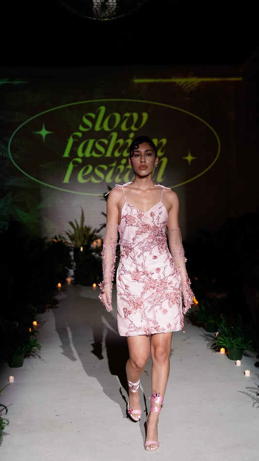 Pink Floral Embroidered Mini Dress and Gloves Set