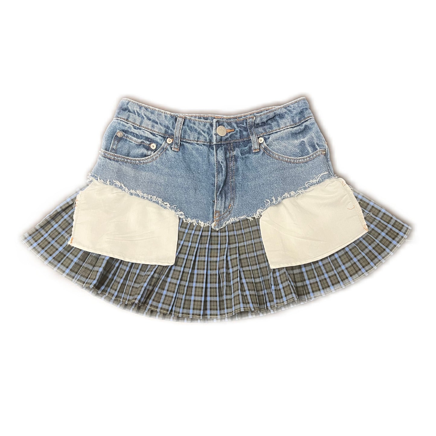Up-cycled Denim Jean and Plaid Pleated Skirt