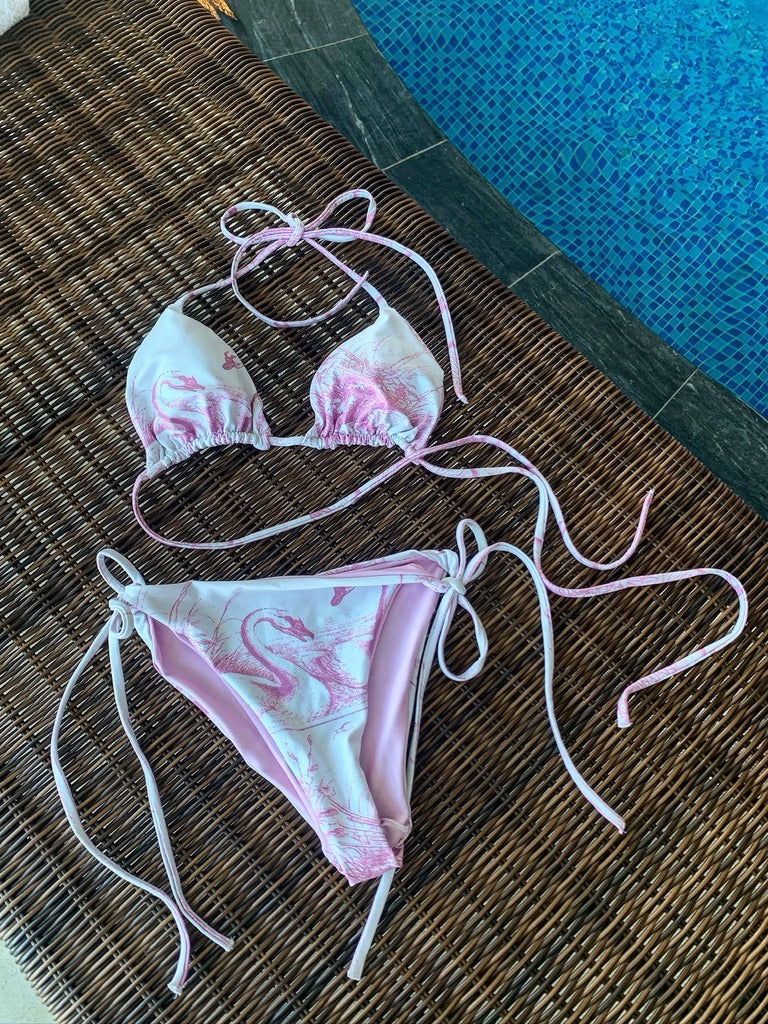 Lavender Swans Print Recycled String Bikini