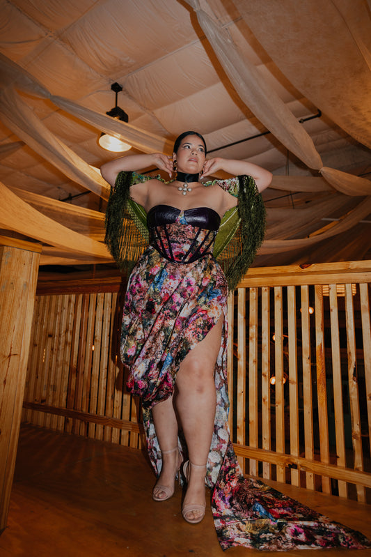 Floral High-Low Draped Skirt with Train