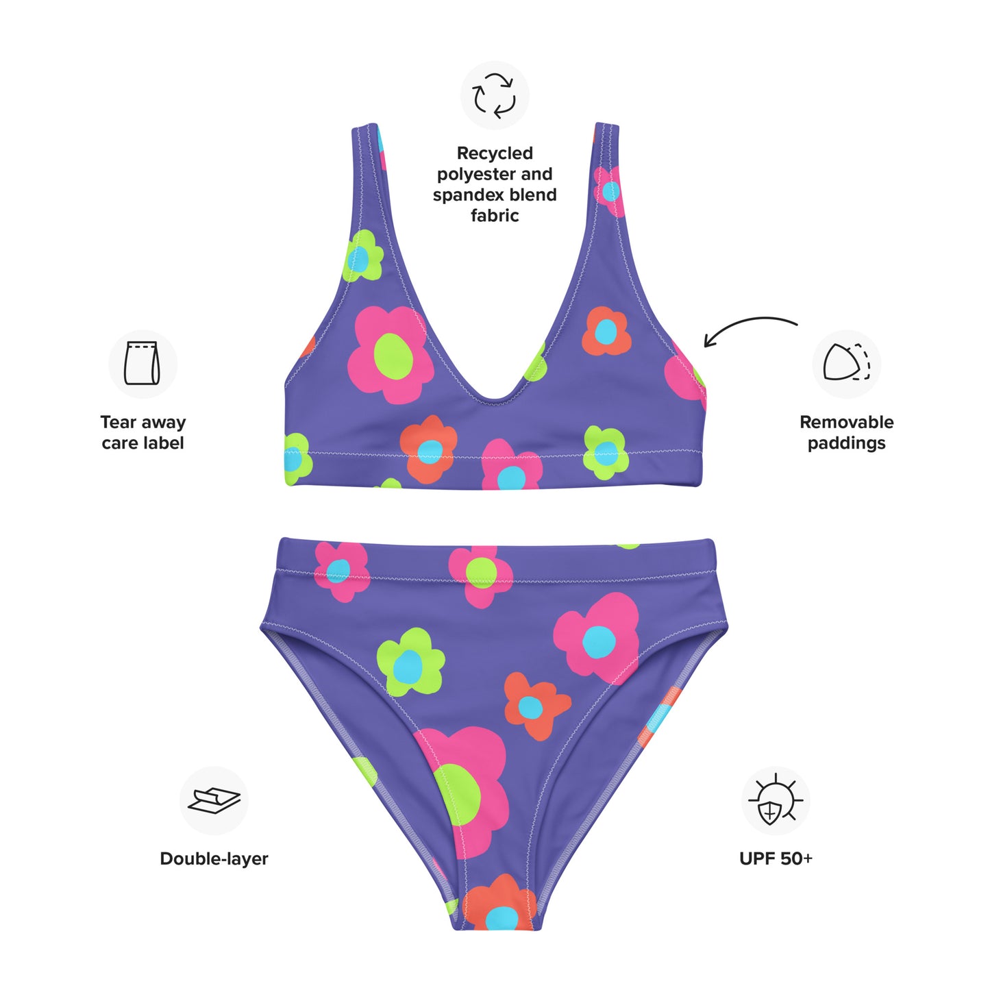 Floral Doodles Purple Print Recycled High-Waisted Bikini