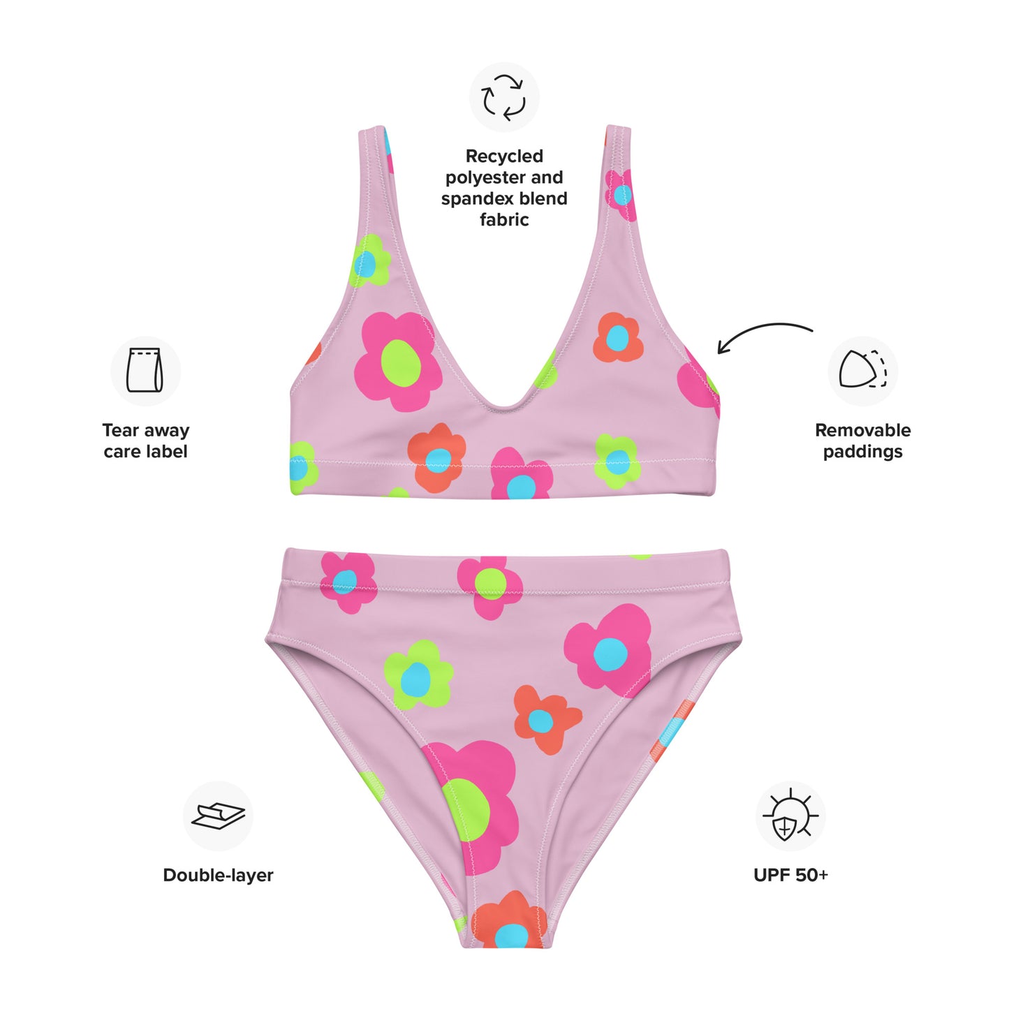 Floral Doodles Pink Print Recycled High-Waisted Bikini