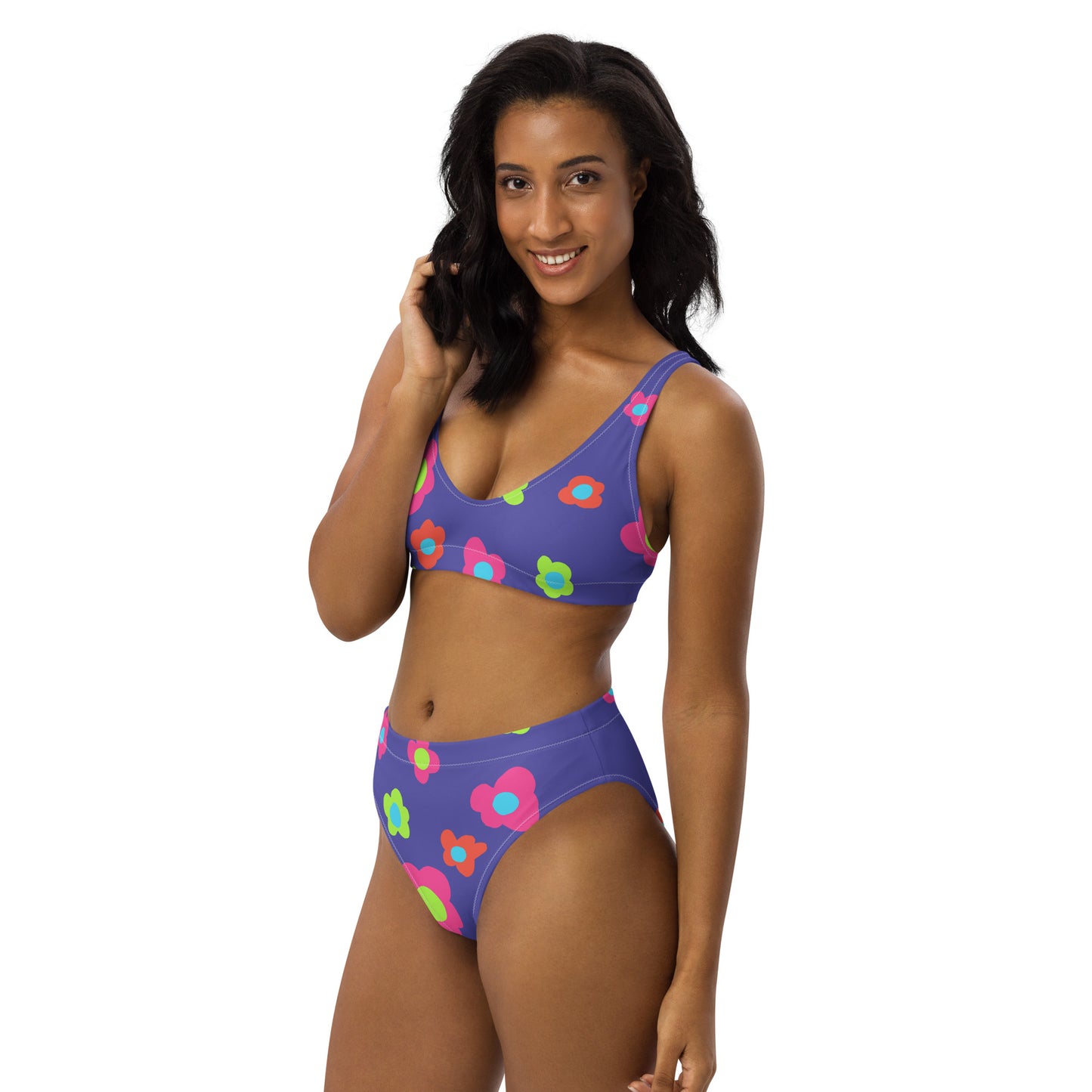 Floral Doodles Purple Print Recycled High-Waisted Bikini