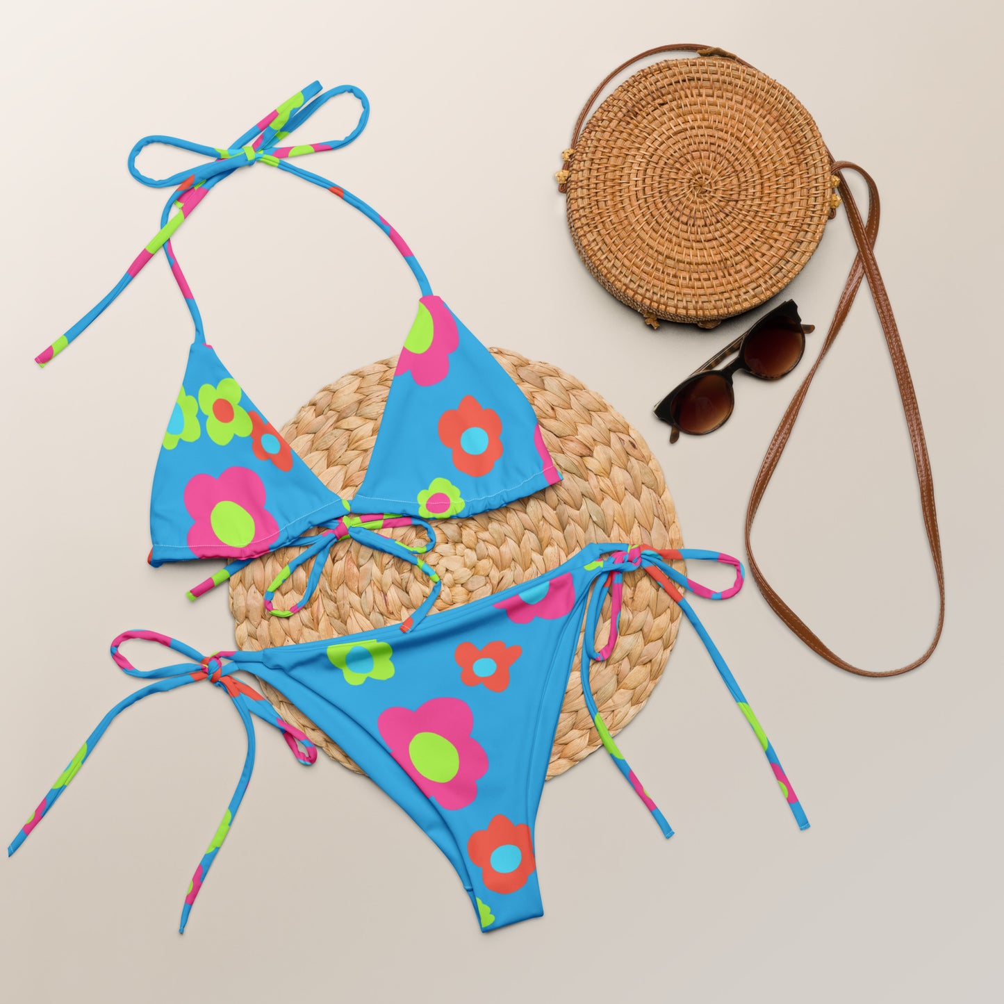 Floral Doodles Blue print recycled string bikini