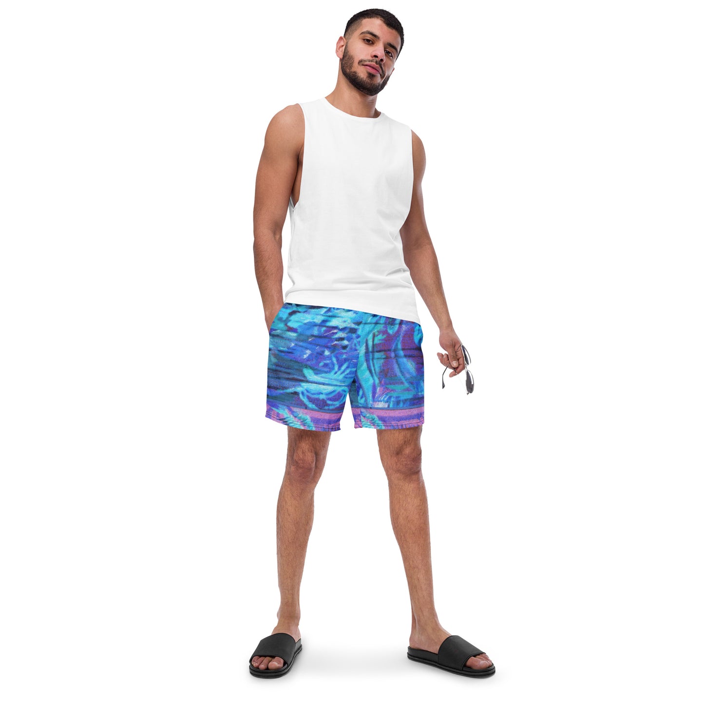 Sea Flower Neon Blue Men's Swim Trunks
