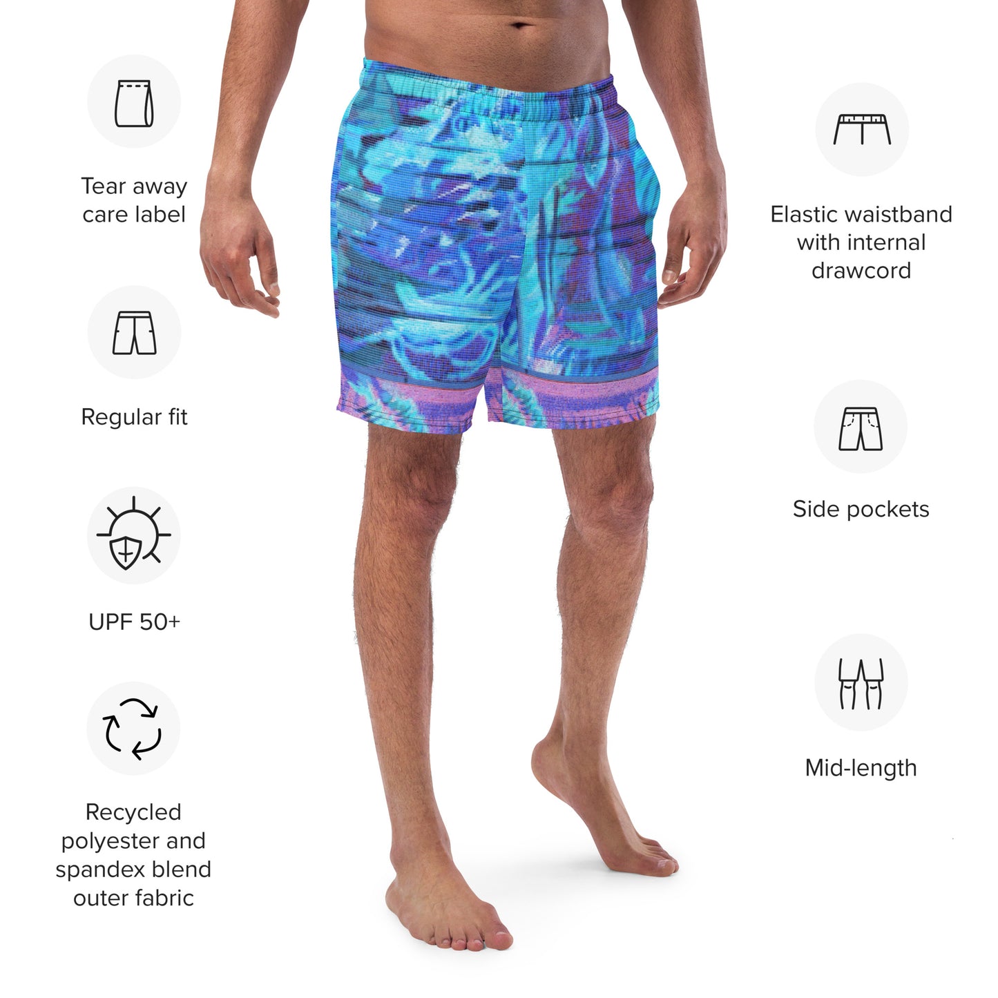 Sea Flower Neon Blue Men's Swim Trunks