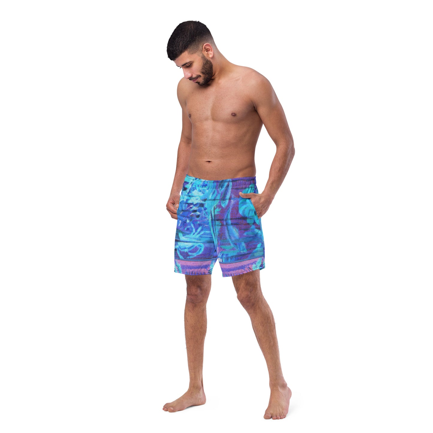 Sea Flower Neon Blue Men's Swim Trunks