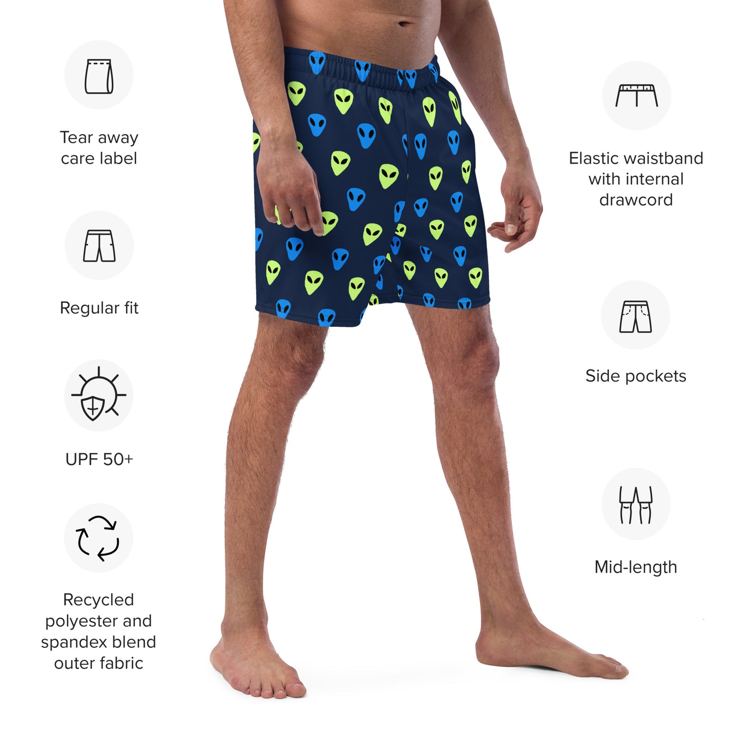 Blue and Green Alien print Men's swim trunks
