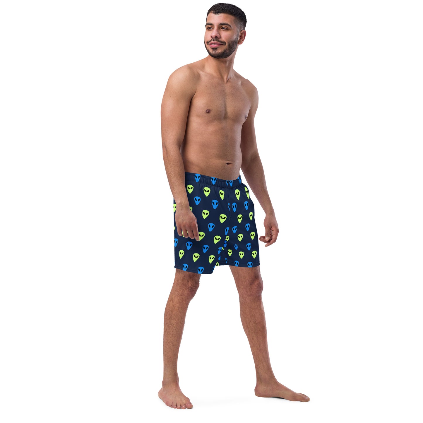 Blue and Green Alien print Men's swim trunks