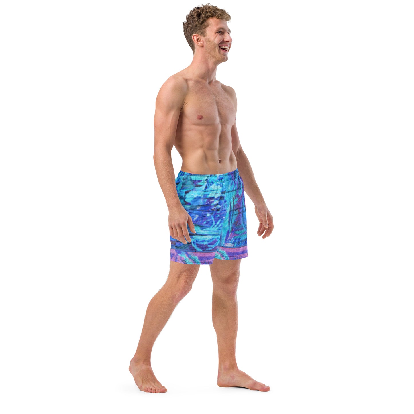Sea Flower Neon Blue Men's Swim Trunks