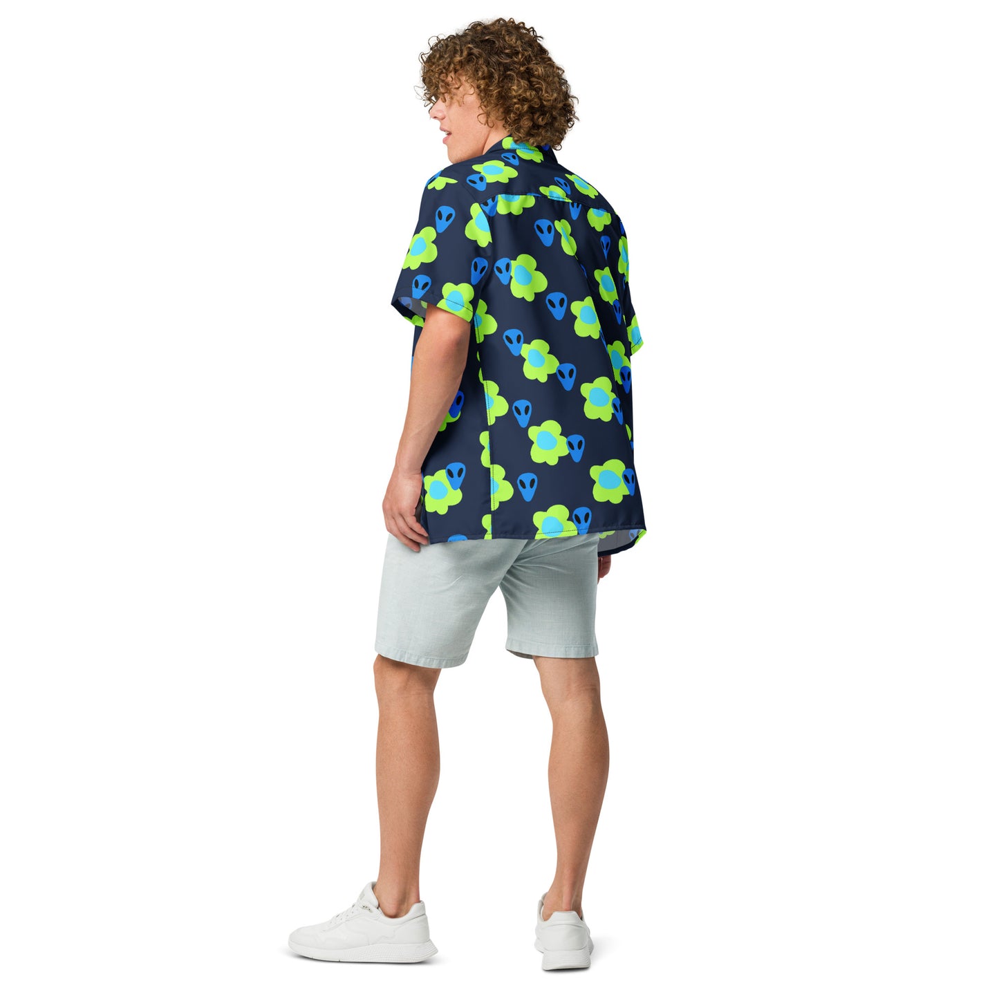Alien and Flowers Blue Unisex button down t-shirt