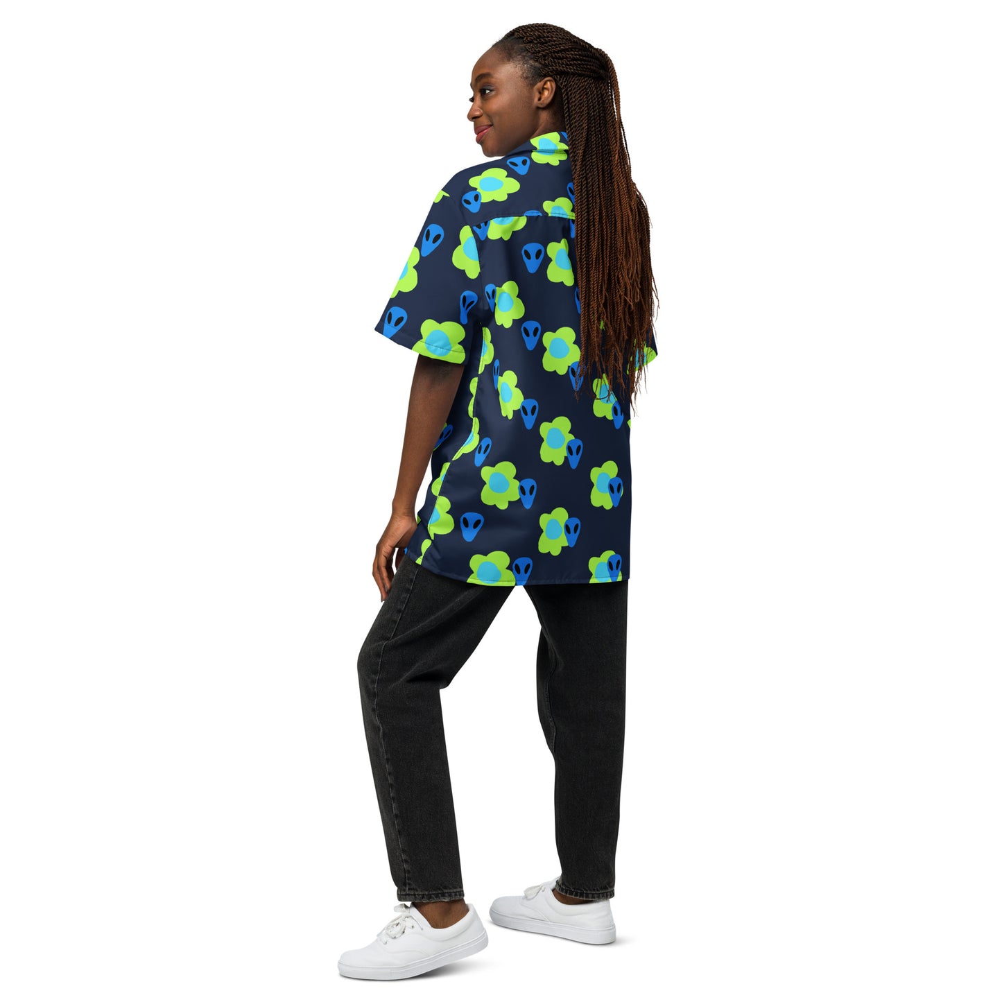 Alien and Flowers Blue Unisex button down t-shirt