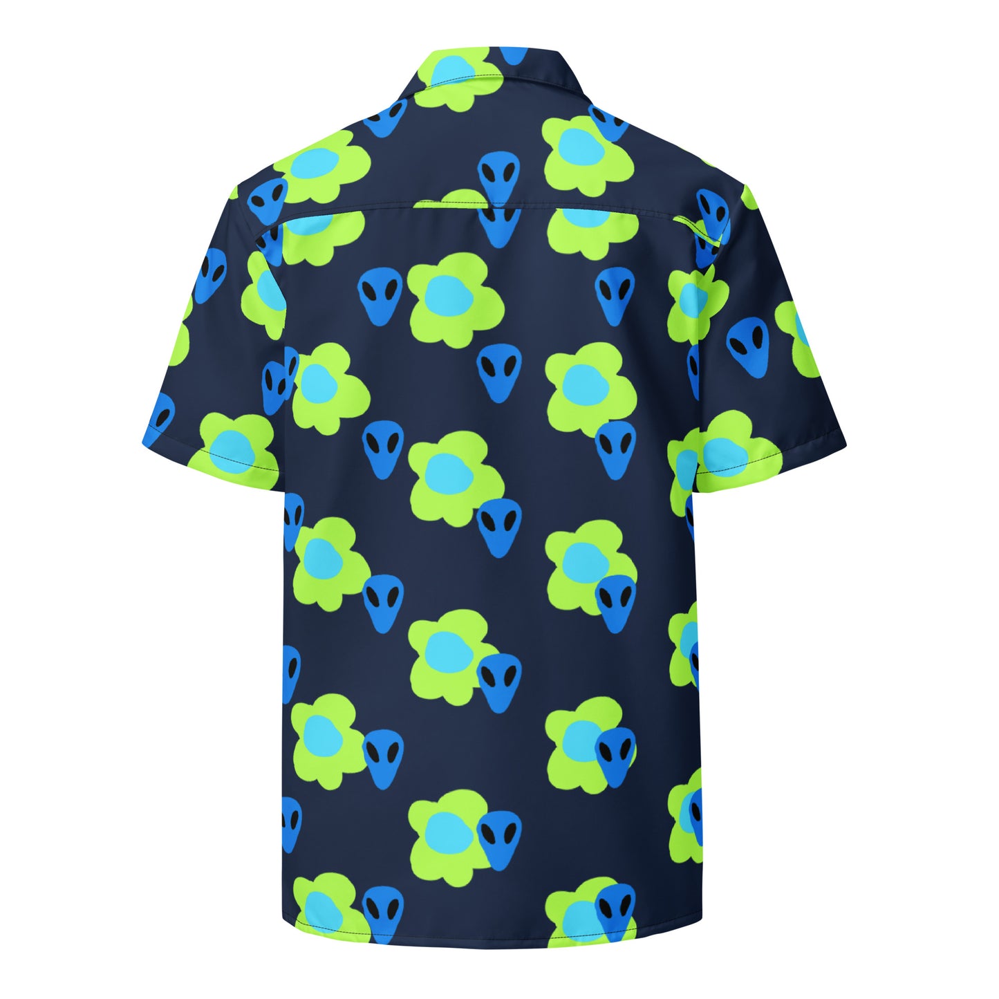 Alien and Flowers Blue Unisex button down t-shirt