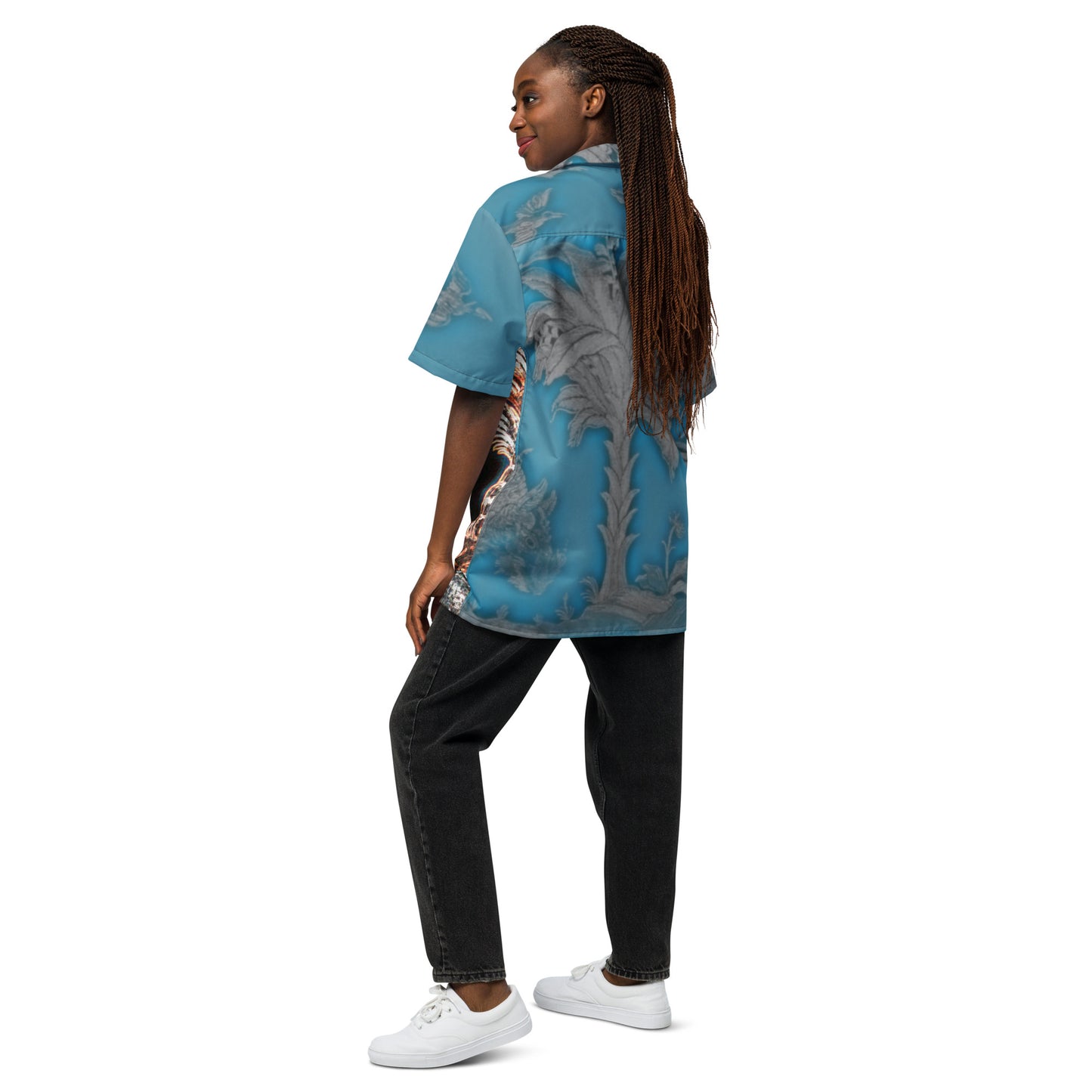 Tropical Neon Glow Rhino Unisex button down t-shirt