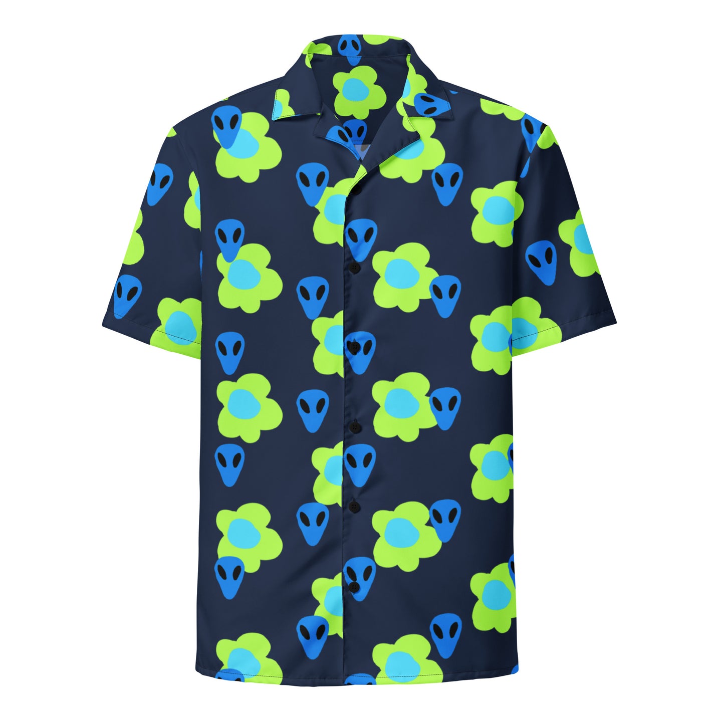 Alien and Flowers Blue Unisex button down t-shirt