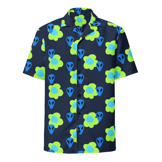 Alien and Flowers Blue Unisex button down t-shirt