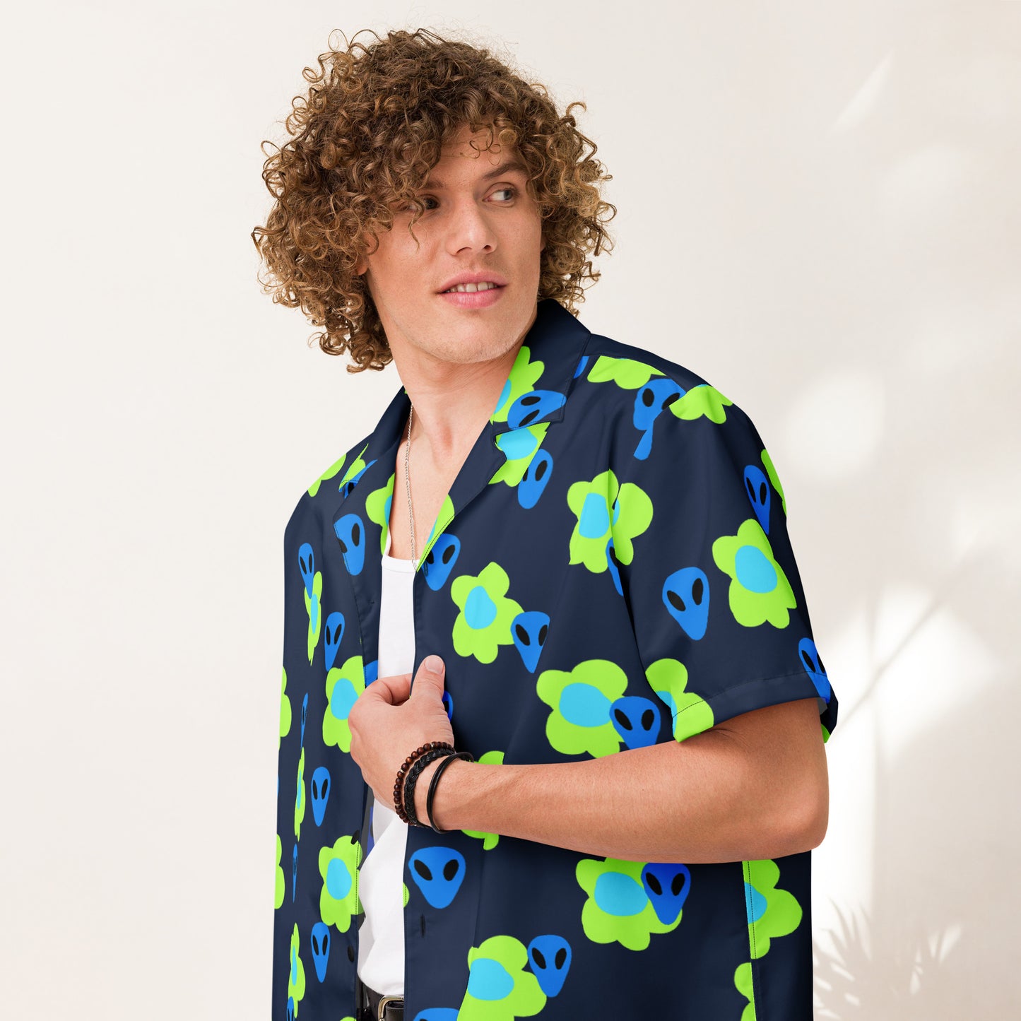 Alien and Flowers Blue Unisex button down t-shirt
