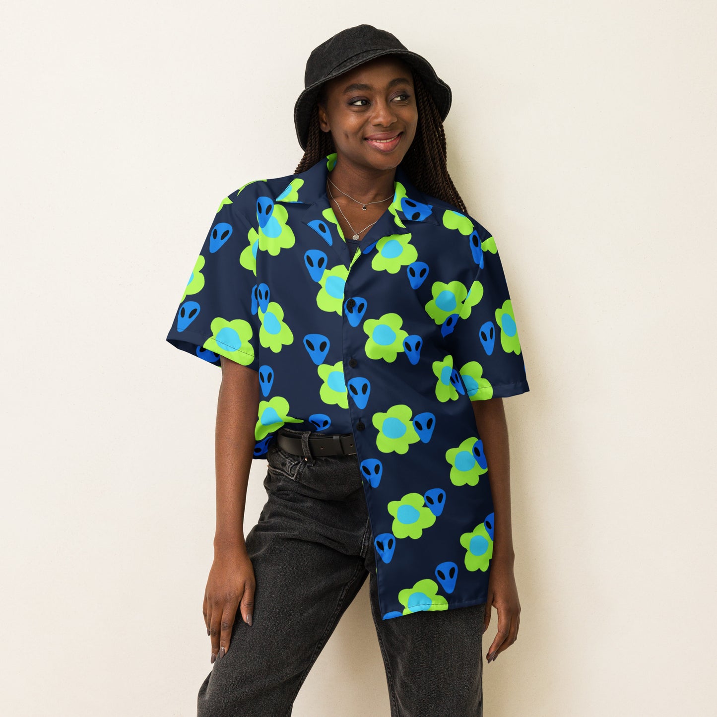 Alien and Flowers Blue Unisex button down t-shirt