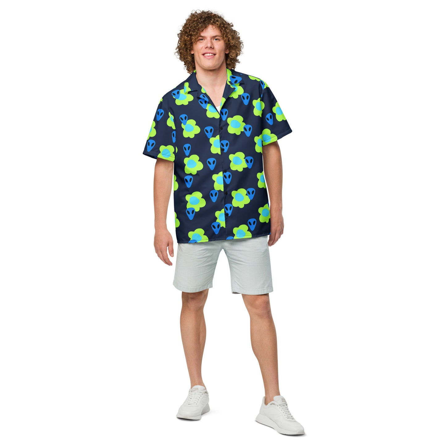 Alien and Flowers Blue Unisex button down t-shirt