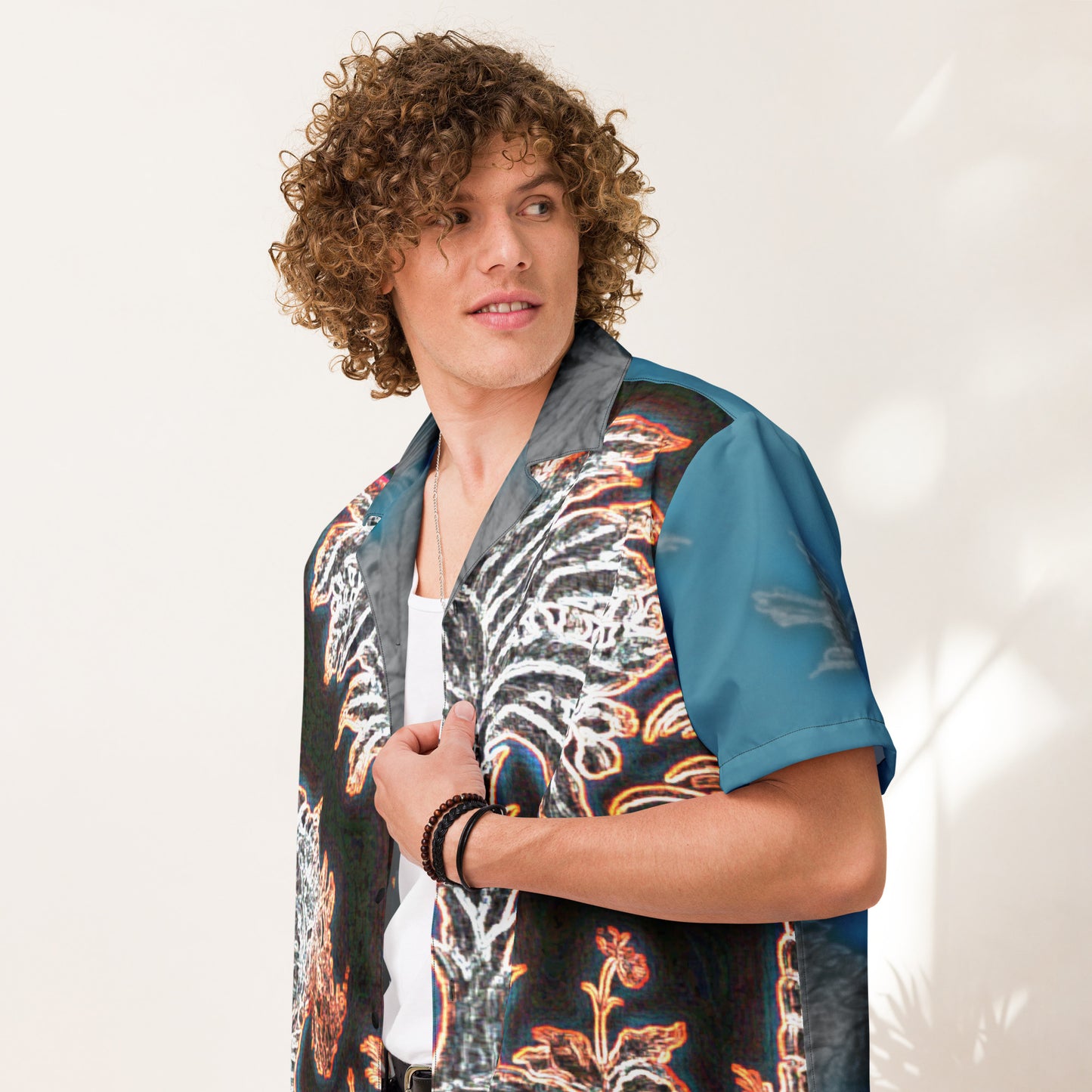 Tropical Neon Glow Rhino Unisex button down t-shirt