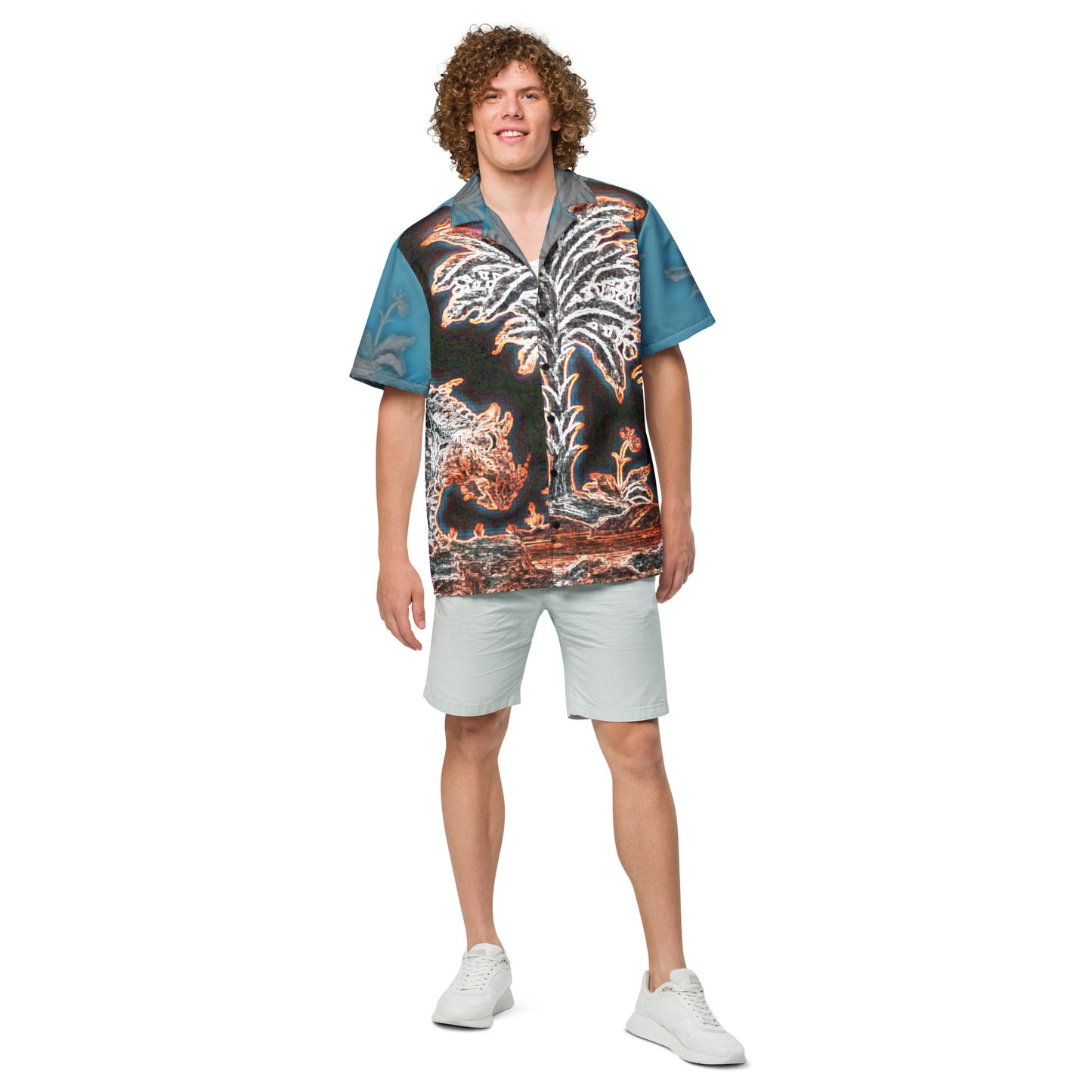Tropical Neon Glow Rhino Unisex button down t-shirt