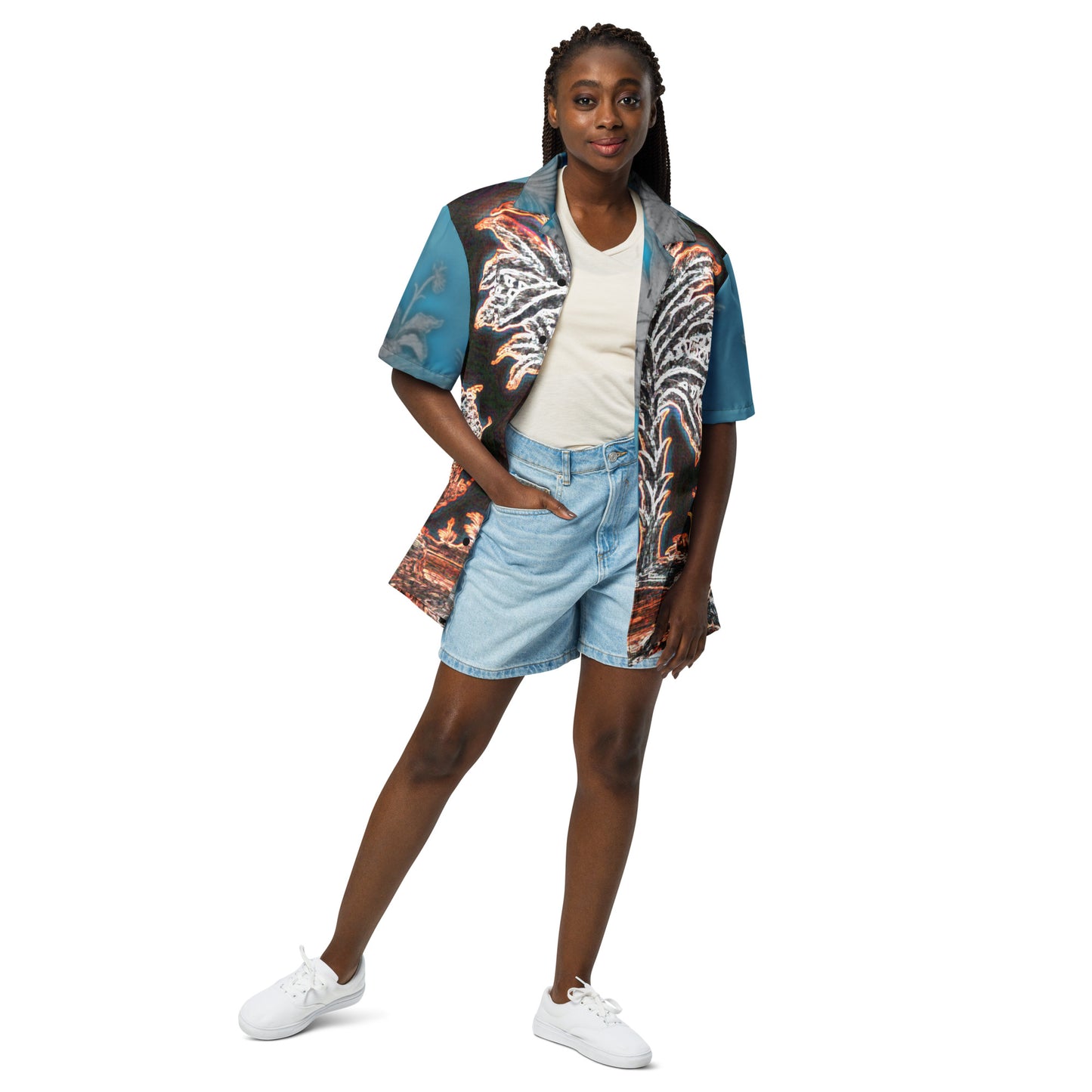 Tropical Neon Glow Rhino Unisex button down t-shirt
