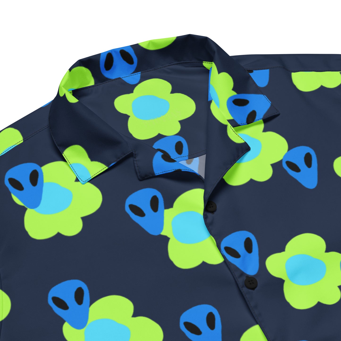 Alien and Flowers Blue Unisex button down t-shirt