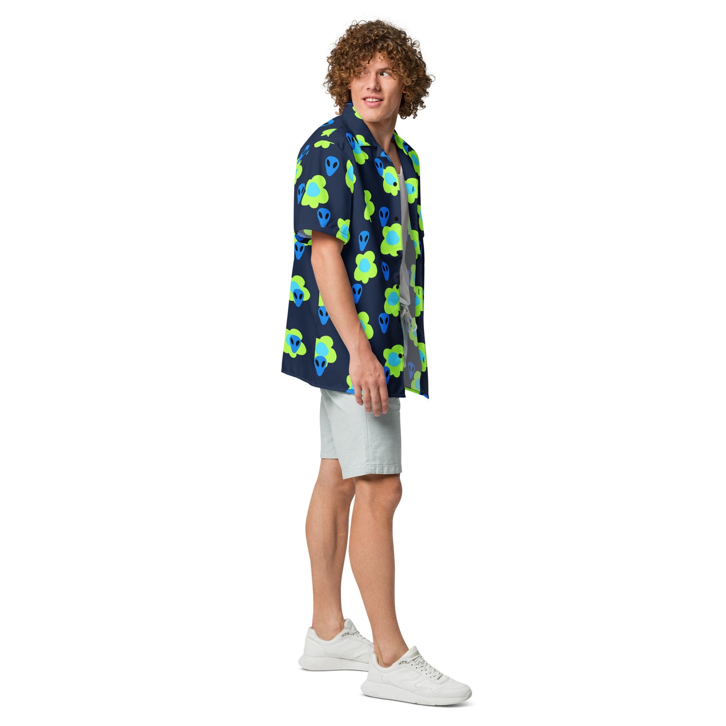 Alien and Flowers Blue Unisex button down t-shirt