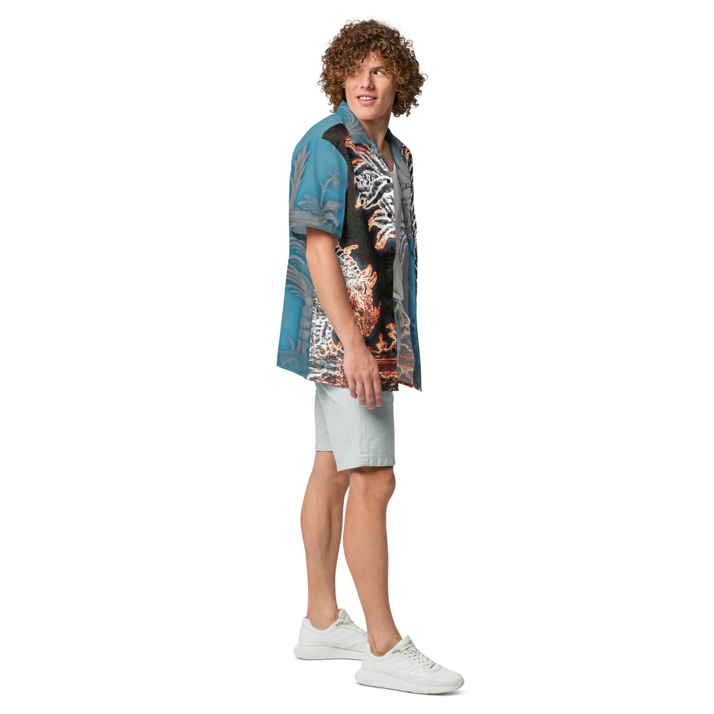 Tropical Neon Glow Rhino Unisex button down t-shirt