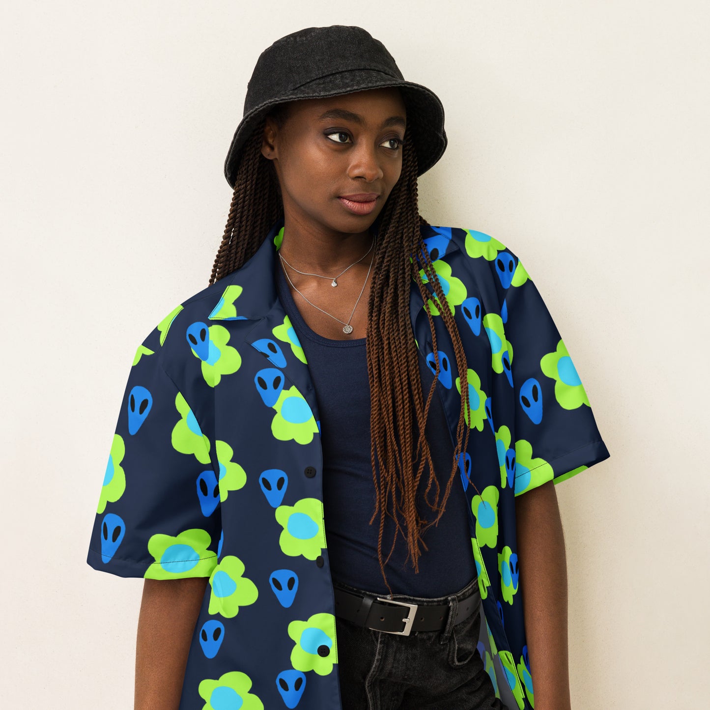 Alien and Flowers Blue Unisex button down t-shirt