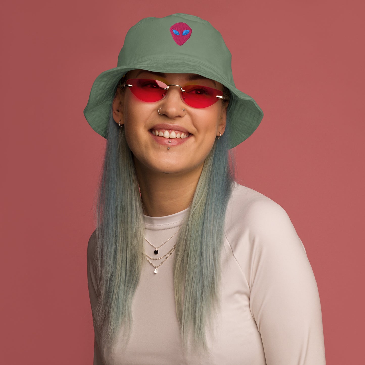 Pink Alien Blue Eyes Organic Cotton Bucket Hat