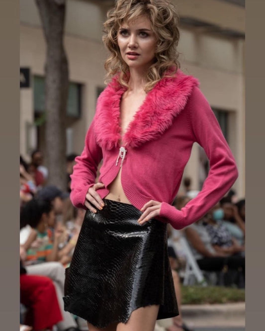Vintage Up-cycled Pretty in Pink Cardigan Sweater with Faux Fur Removable Collar