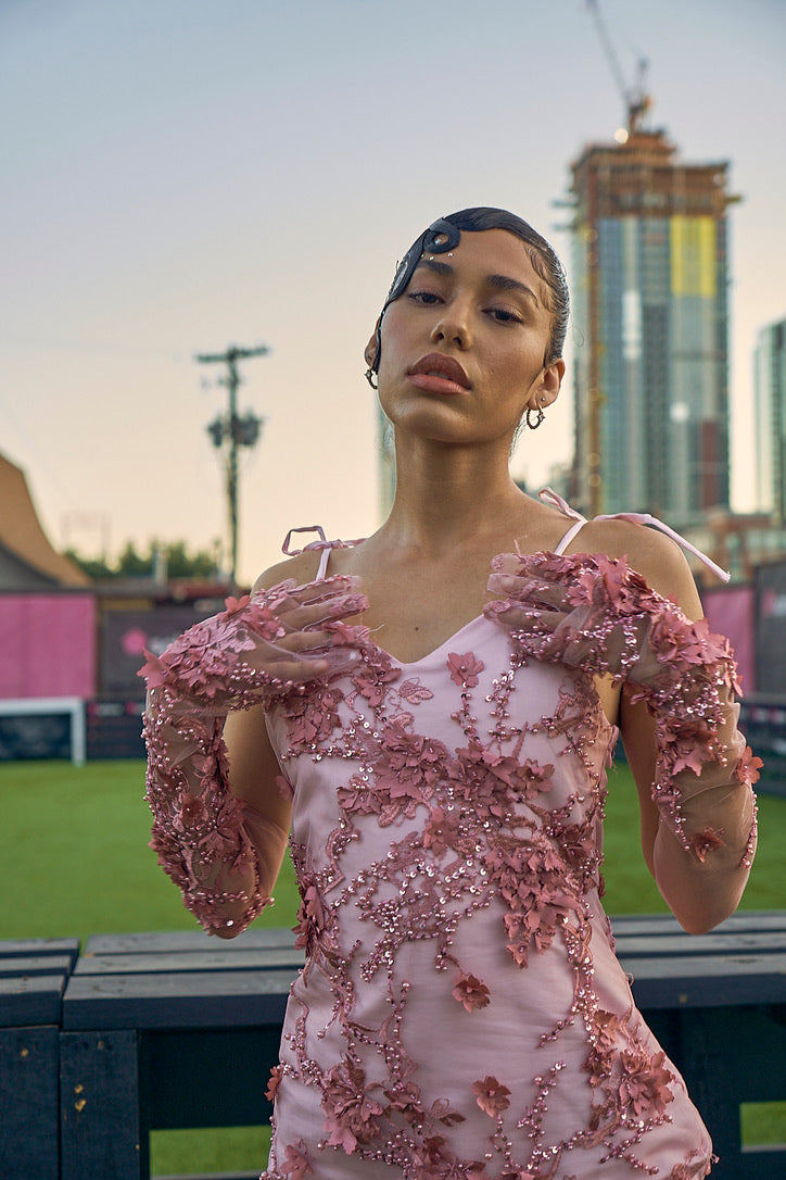 Pink Floral Embroidered Mini Dress and Gloves Set