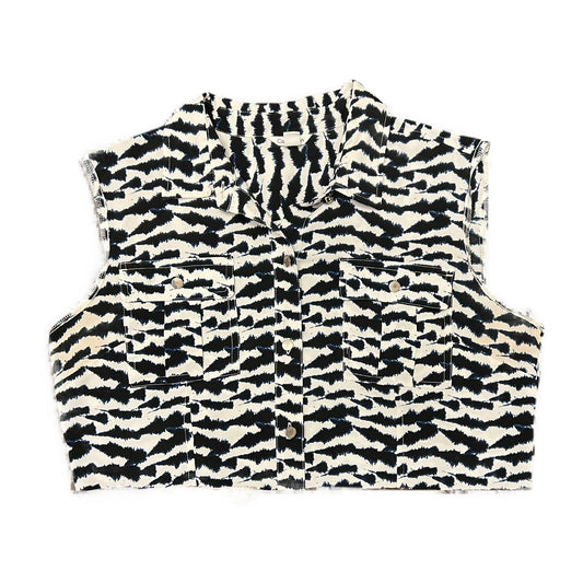 Zebra Print Cropped Sleeveless Button-Up Top