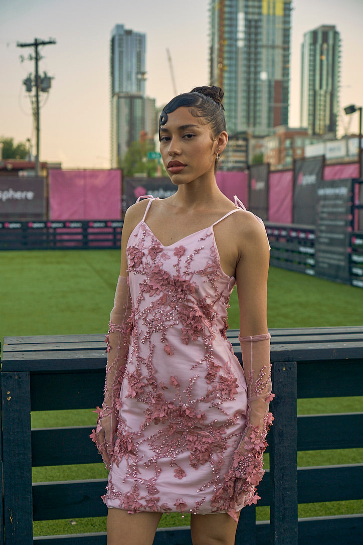 Pink Floral Embroidered Mini Dress and Gloves Set