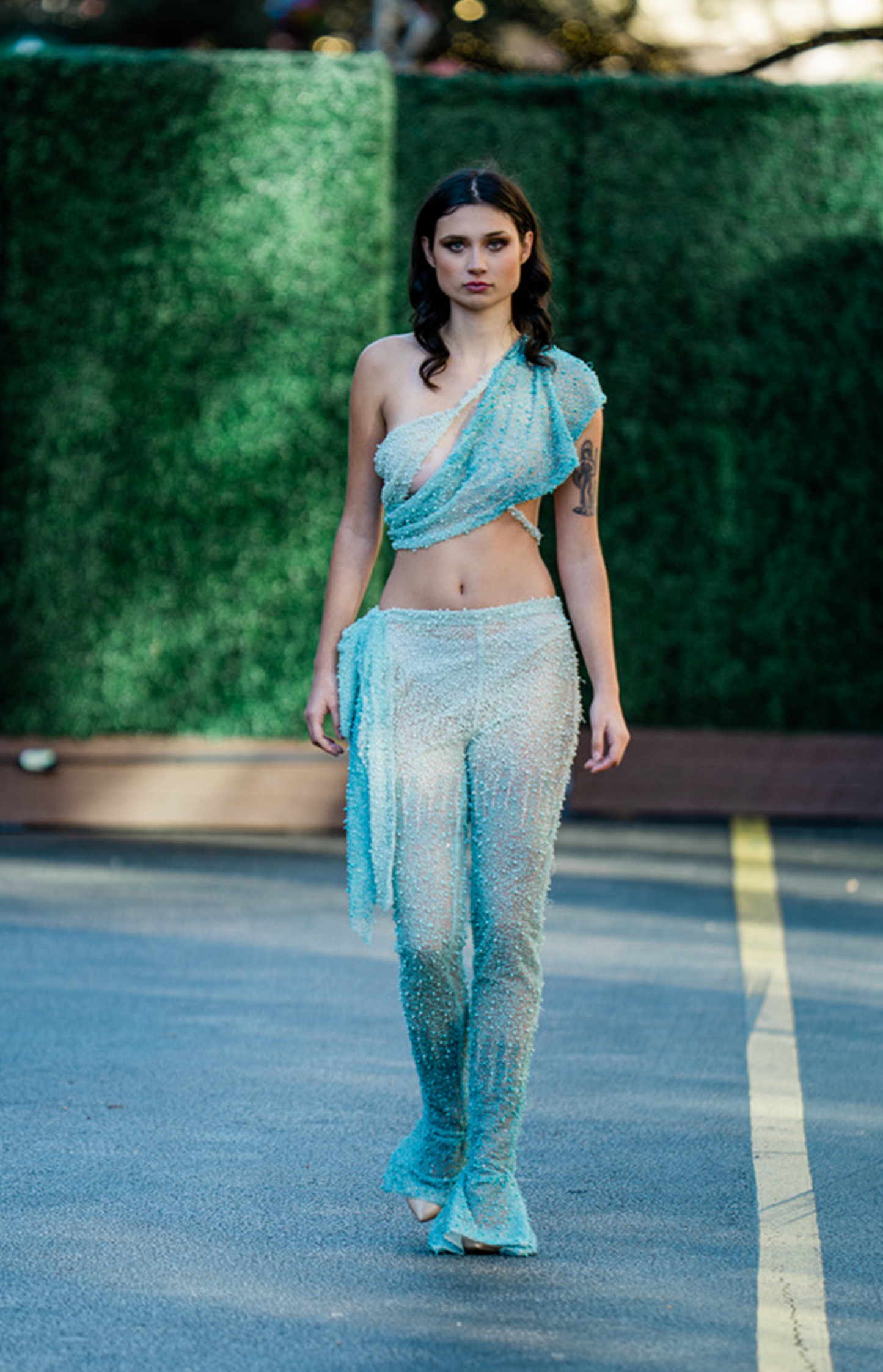 Aquatic Blue Embroidered One Shoulder Crop Top