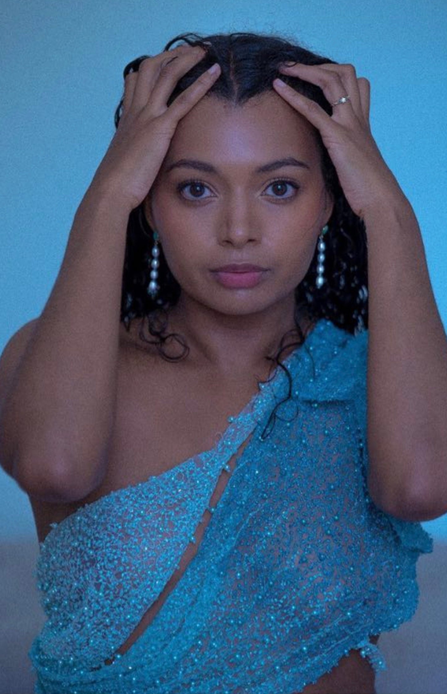 Aquatic Blue Embroidered One Shoulder Crop Top