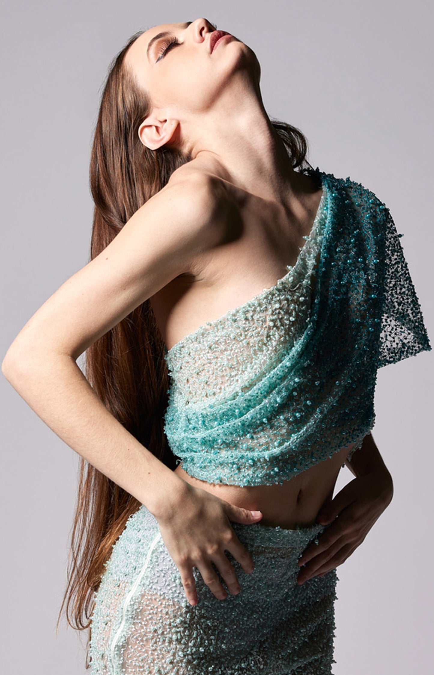 Aquatic Blue Embroidered One Shoulder Crop Top