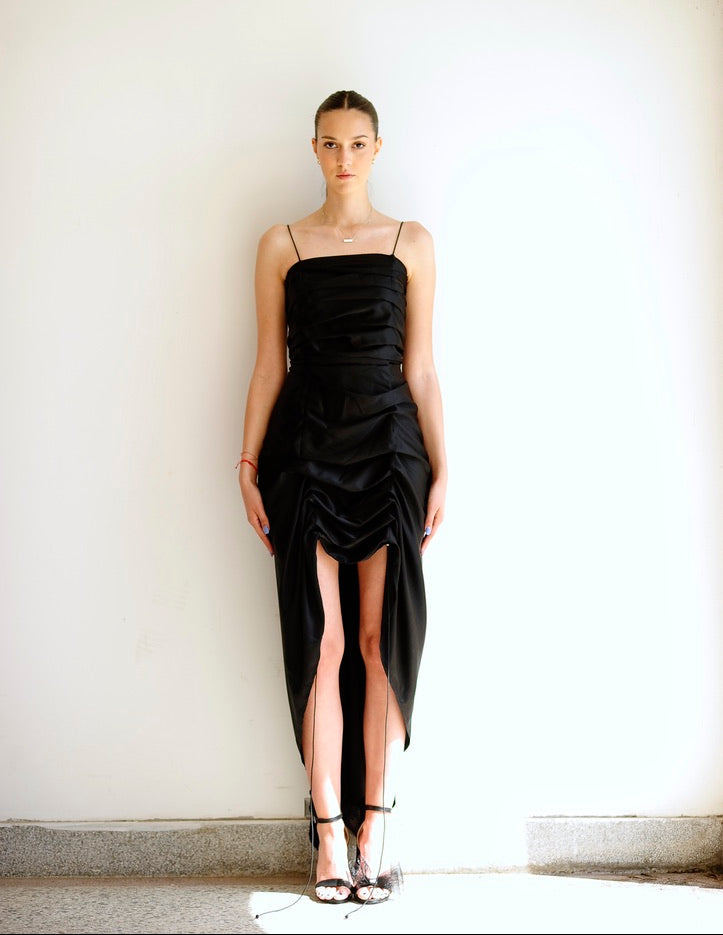 silk scrunch dress Black Silk Ruched Dress