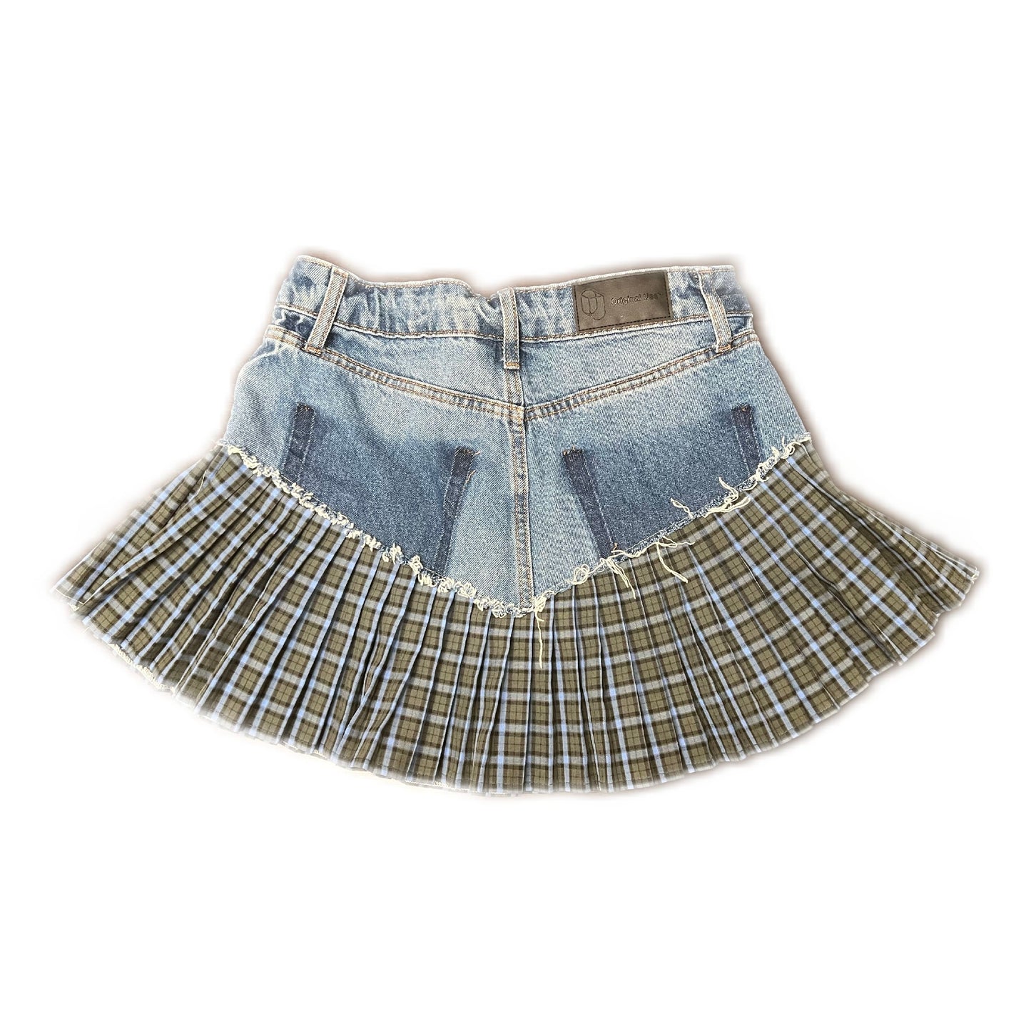 Up-cycled Denim Jean and Plaid Pleated Skirt