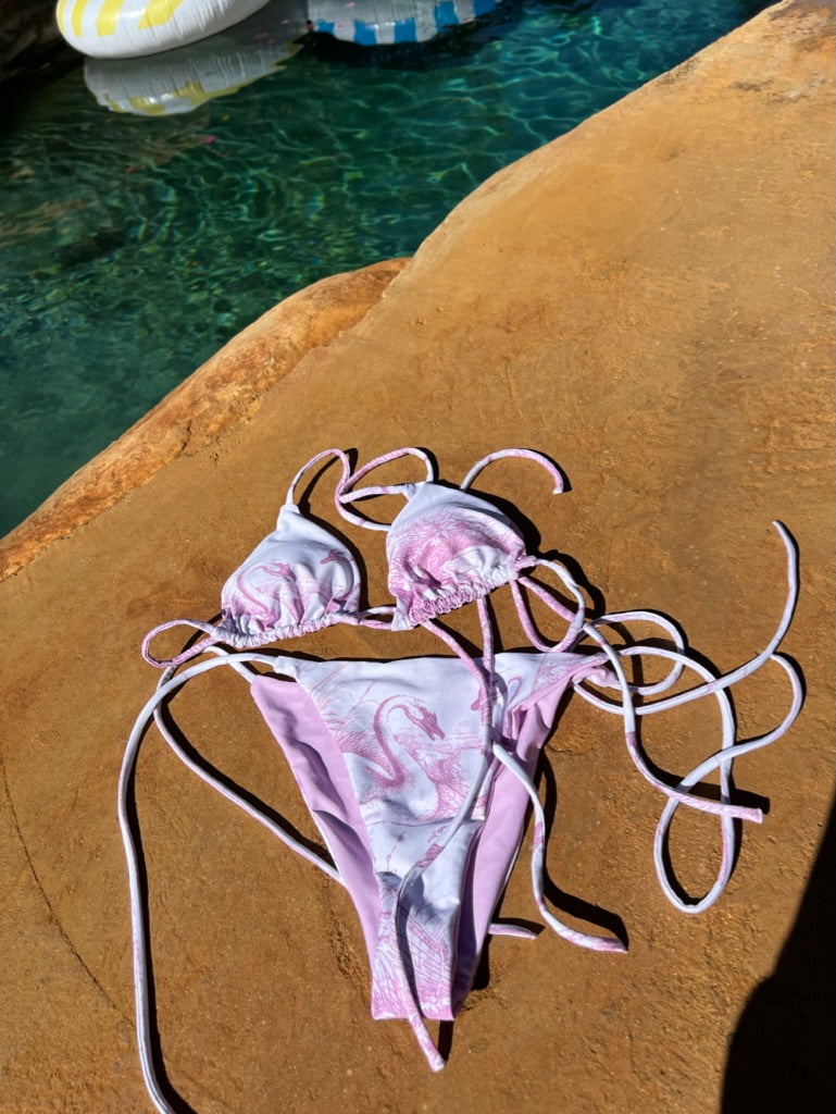 Lavender Swans Print Recycled String Bikini