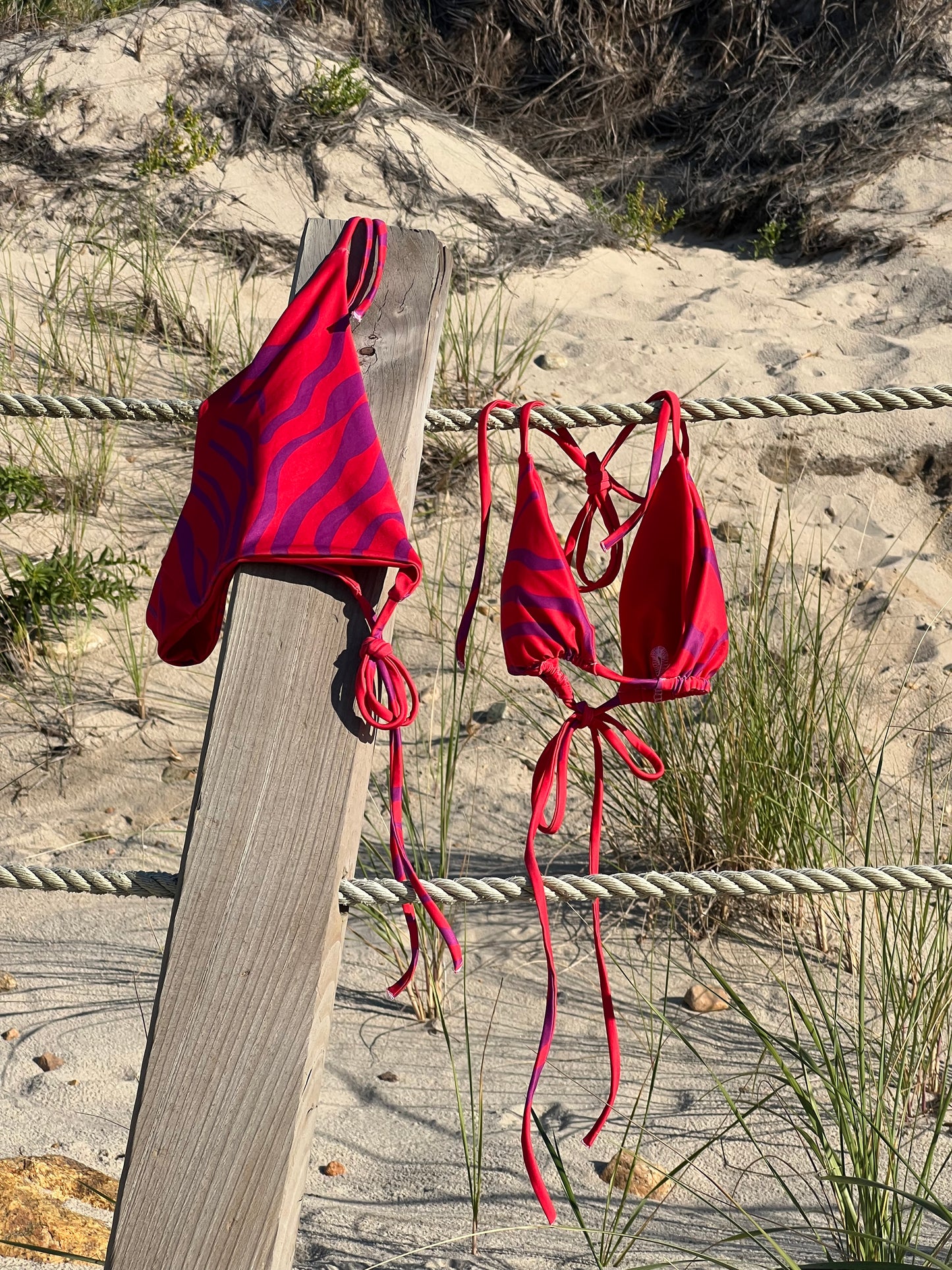 Crimson Wild Sunset Stripes Recycled String Bikini