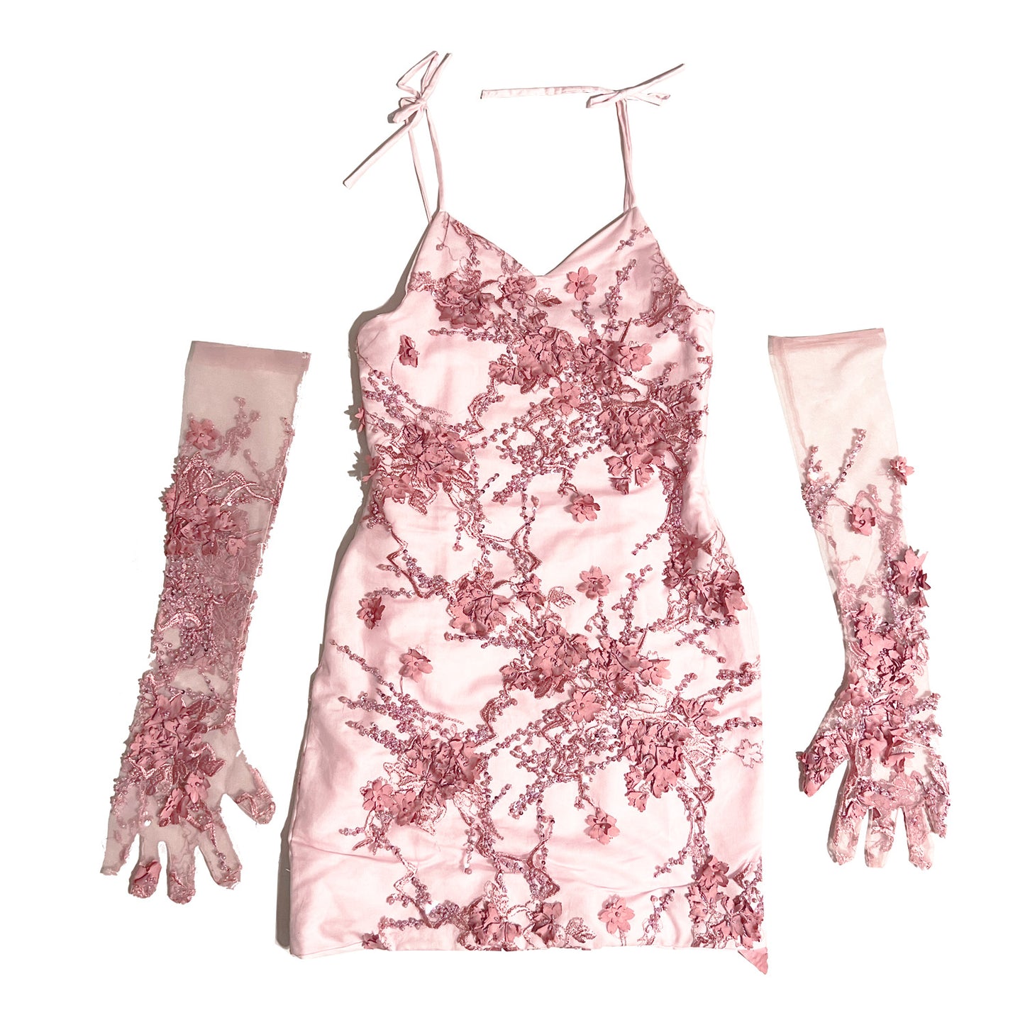 Pink Floral Embroidered Mini Dress and Gloves Set