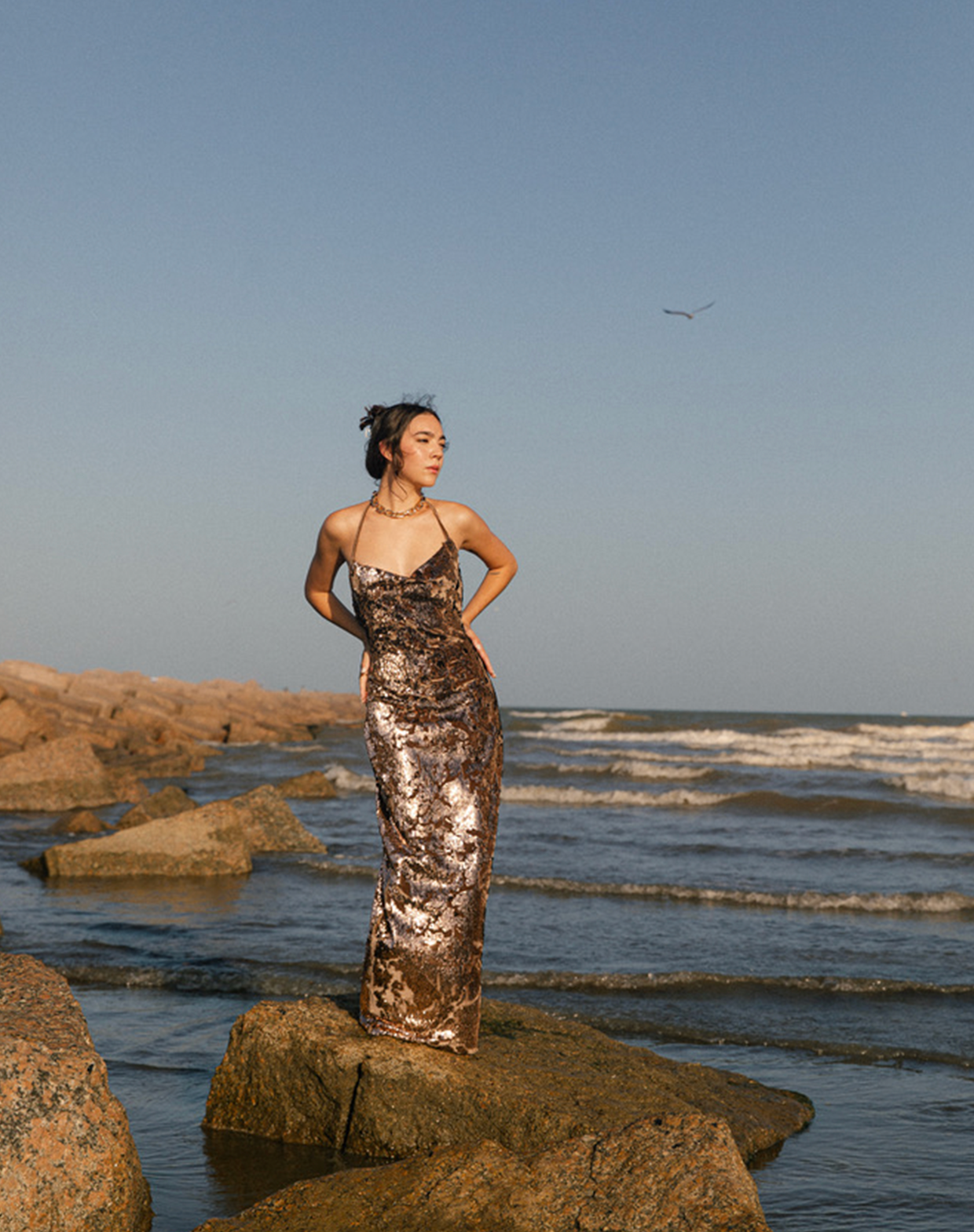 Gold Sequin Velvet Stretch Slip Dress Evening Gown