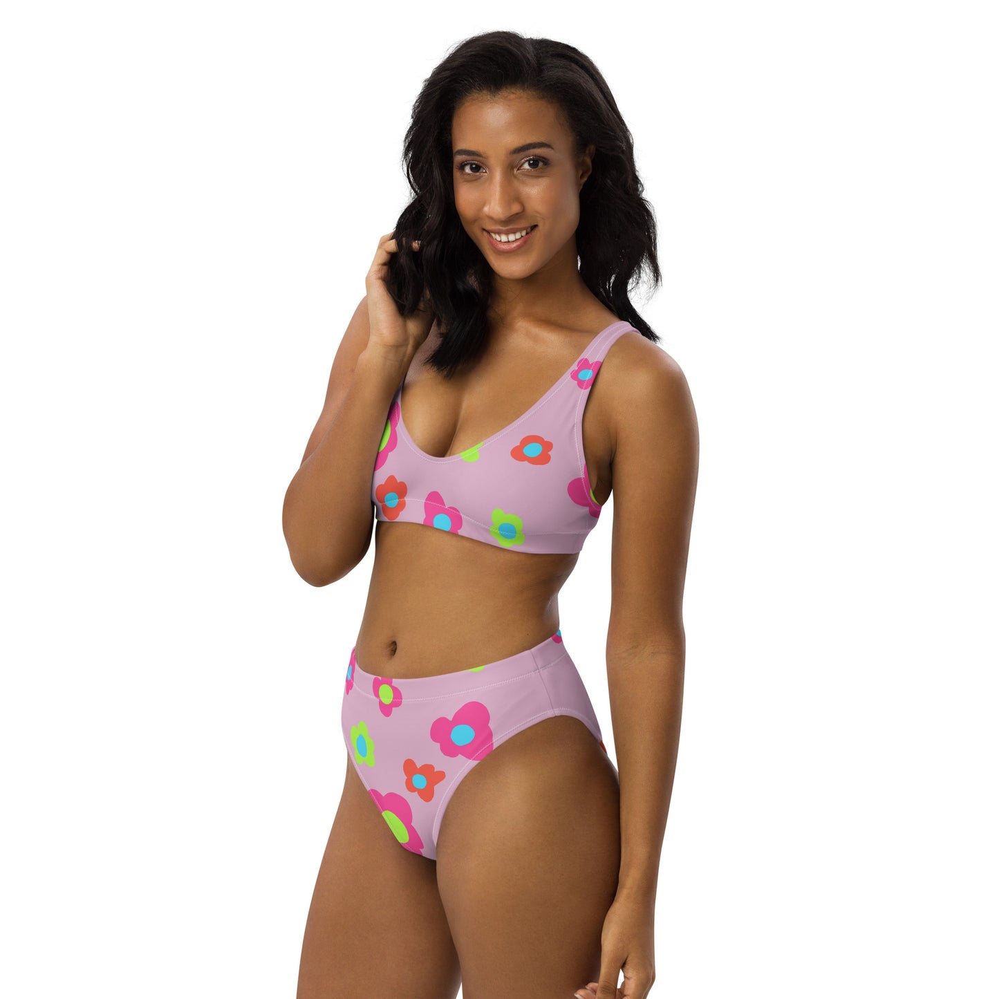 Floral Doodles Pink Print Recycled High-Waisted Bikini
