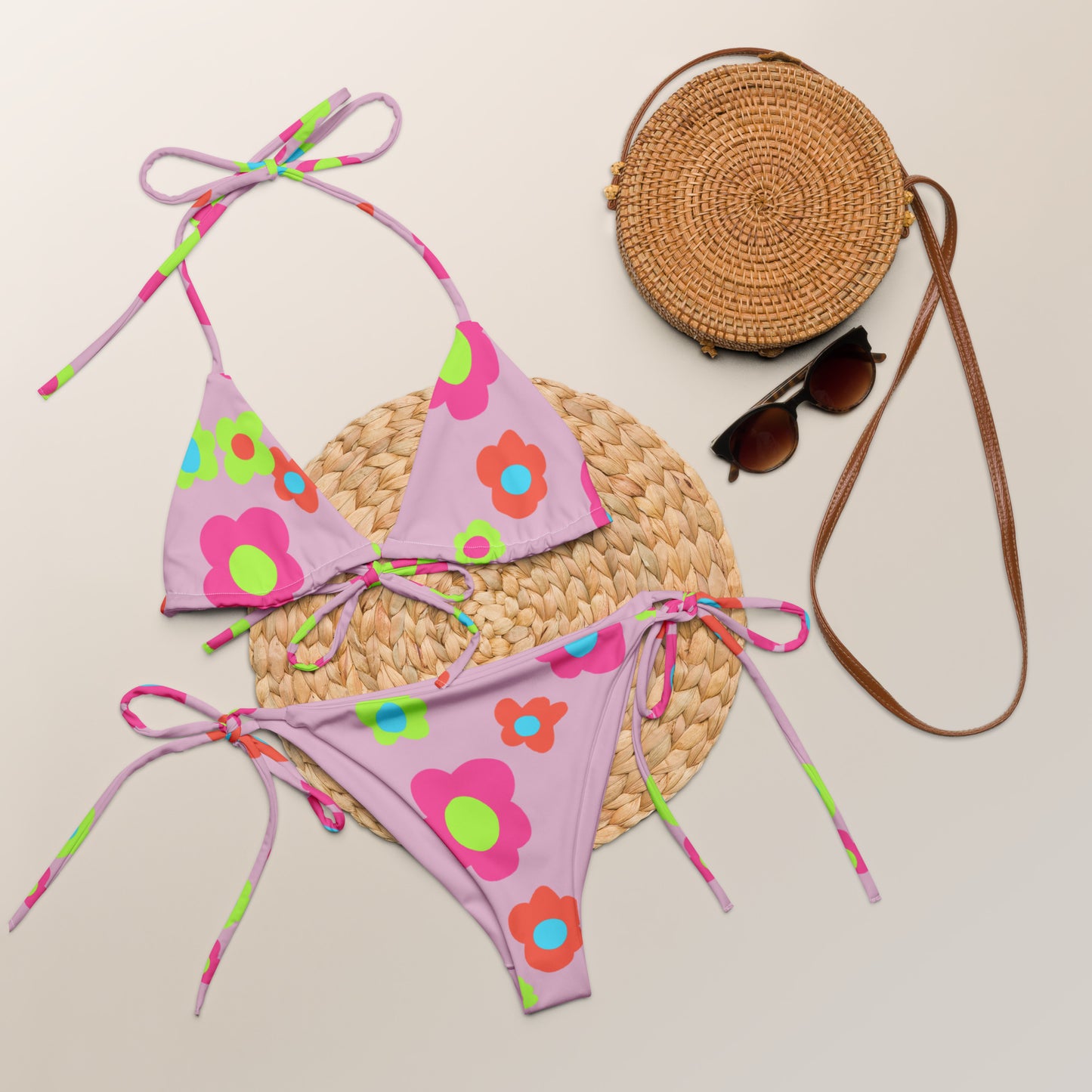 Floral Doodles Pink print recycled string bikini