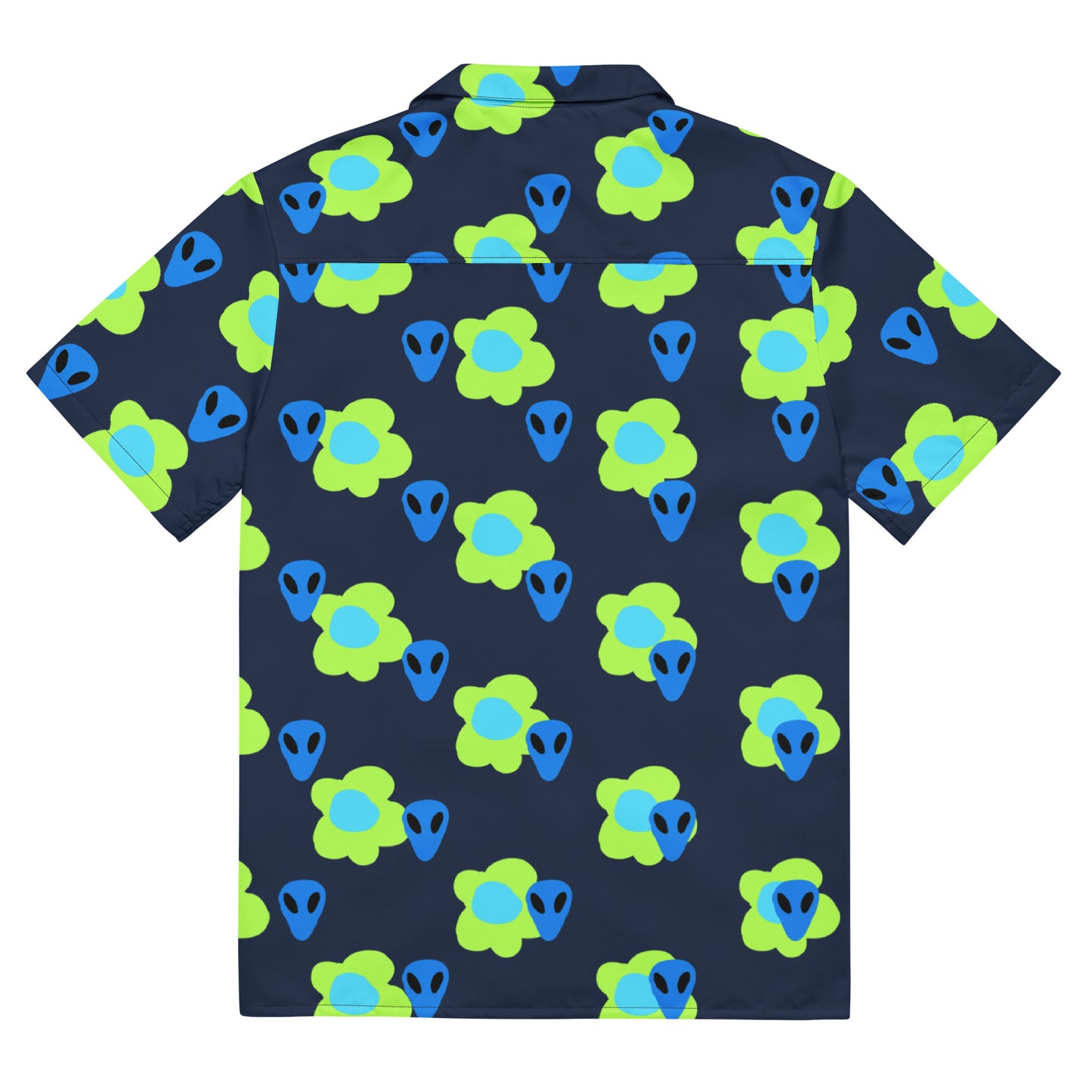 Alien and Flowers Blue Unisex button down t-shirt