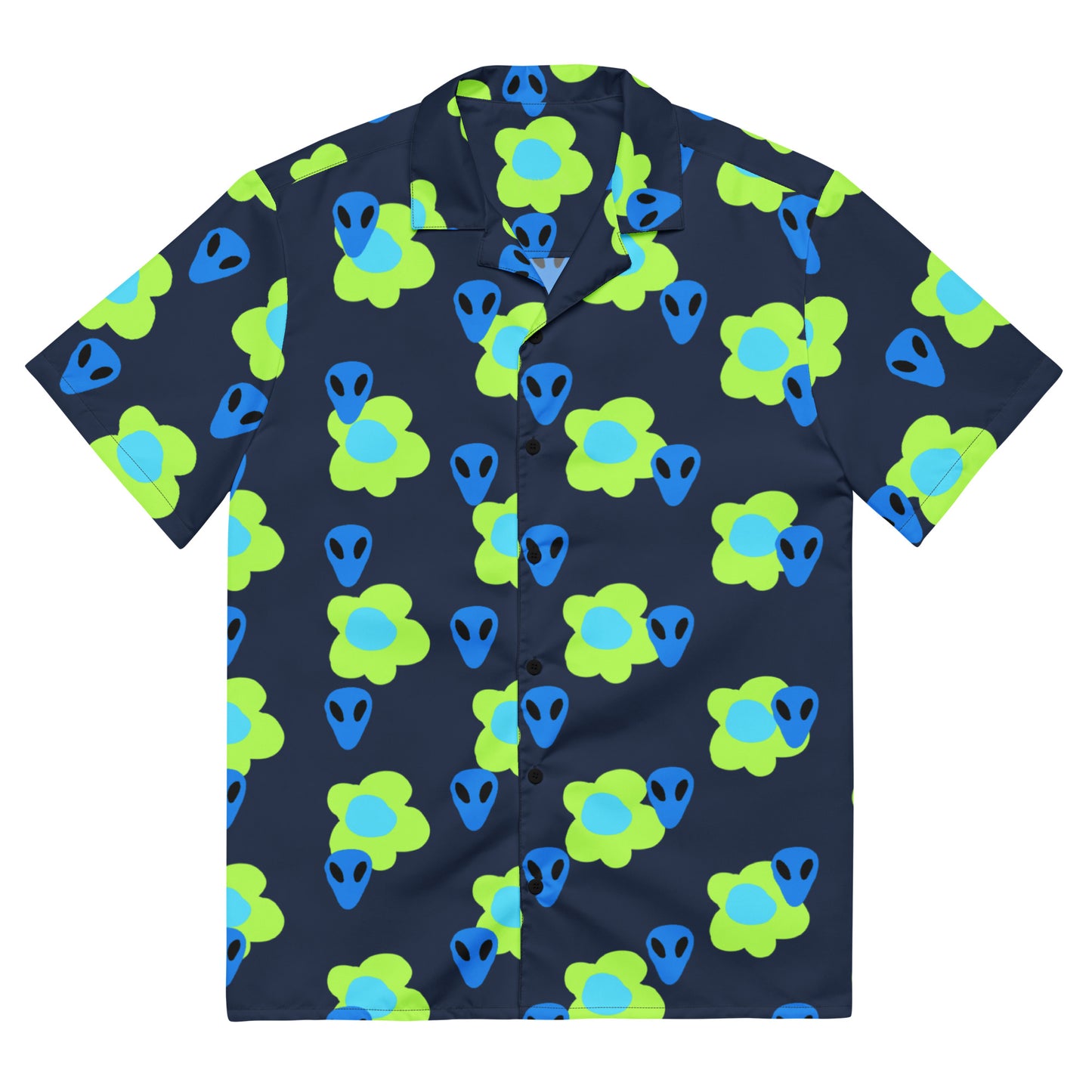 Alien and Flowers Blue Unisex button down t-shirt