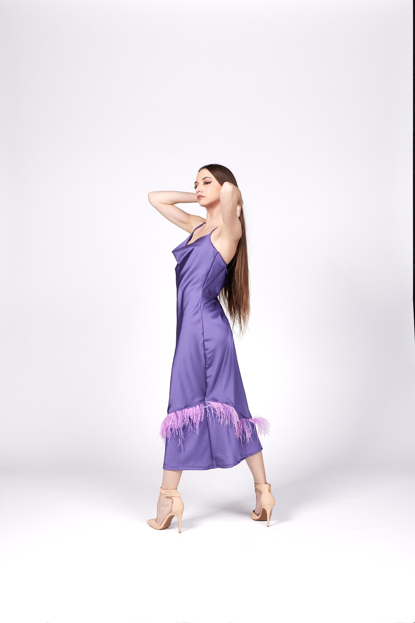 Luxe Purple Cowl Neck Slip Dress with Magenta Pink Feather Trim