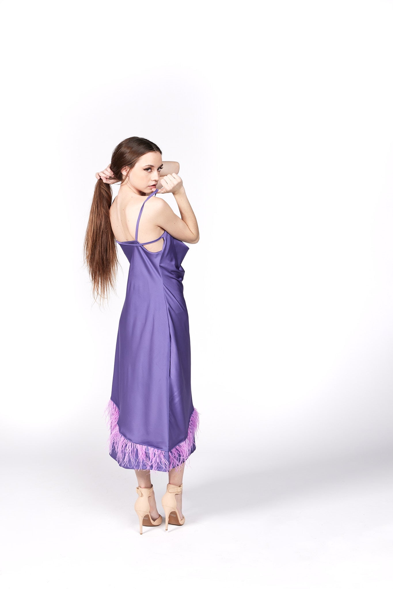 Luxe Purple Cowl Neck Slip Dress with Magenta Pink Feather Trim